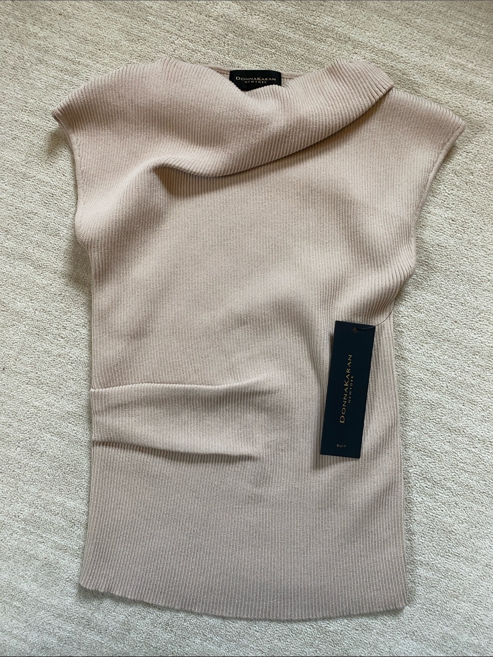 Donna Karan Light Beige Sleeveless Cowl Neck Rib Knit Top